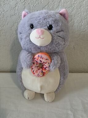 Kellytoy Grey Cat Plush With Rainbow Donut Stuffed Animal 11" Tall